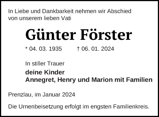 Traueranzeige von Günter Förster von Prenzlauer Zeitung