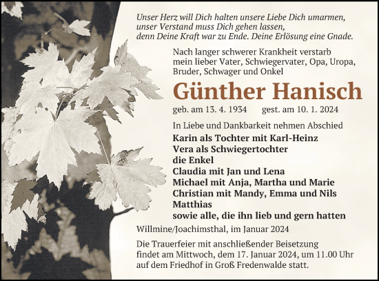 Traueranzeige von Günther Hanisch von Templiner Zeitung