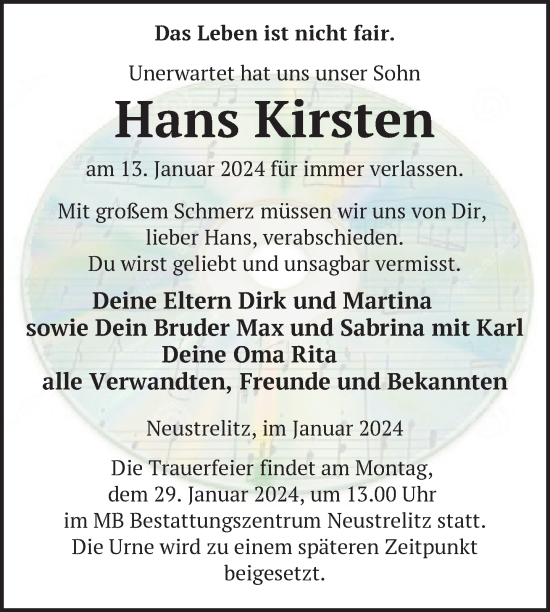 Traueranzeige von Hans Kirsten von Strelitzer Zeitung