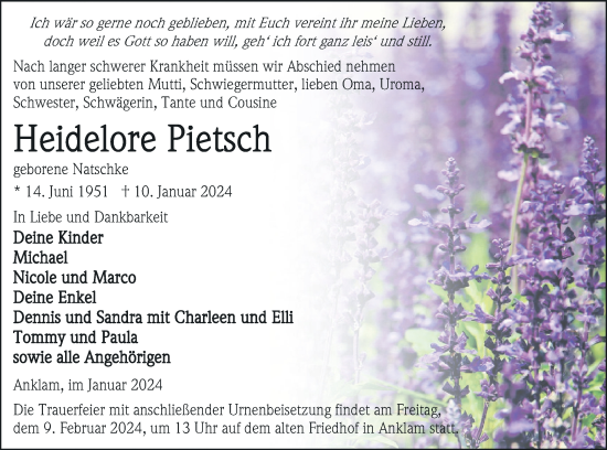 Traueranzeige von Heidelore Pietsch von Vorpommern Kurier