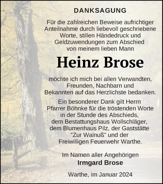 Traueranzeige von Heinz Brose von Templiner Zeitung