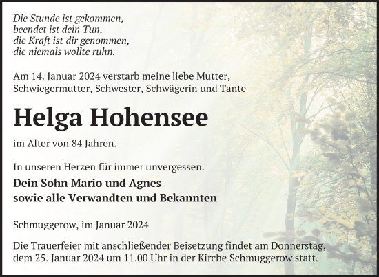 Traueranzeige von Helga Hohensee von Vorpommern Kurier