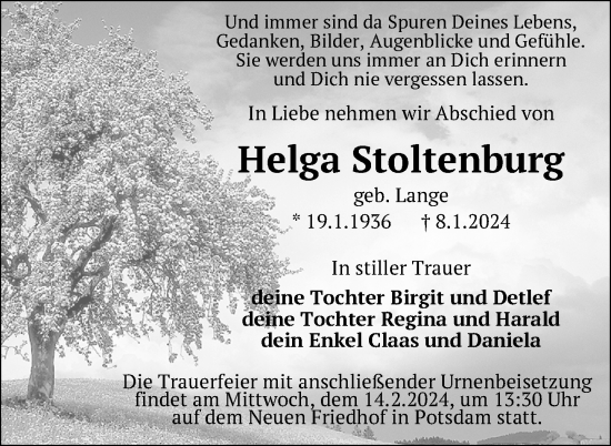 Traueranzeige von Helga Stoltenburg von Neubrandenburger Zeitung