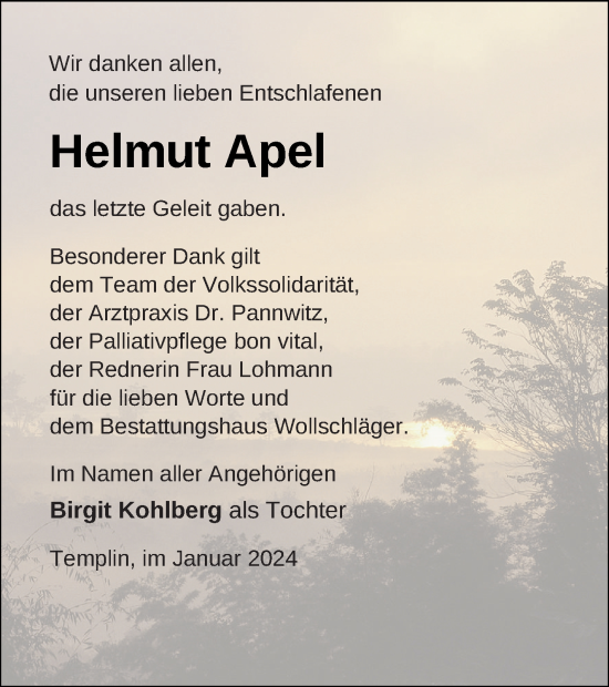 Traueranzeige von Helmut Apel von Templiner Zeitung