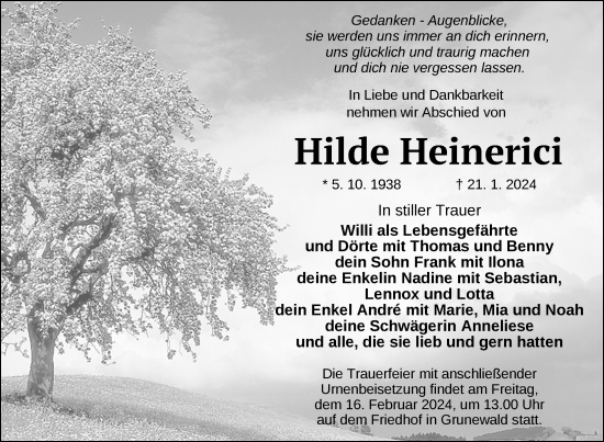 Traueranzeige von Hilde Heinerici von Uckermark Kurier Templiner Zeitung