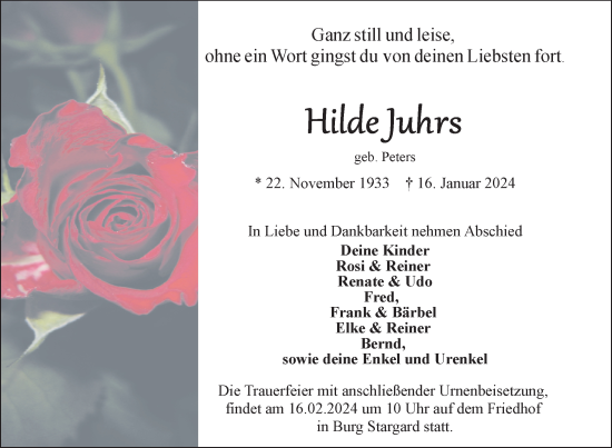 Traueranzeige von Hilde Juhrs von Neubrandenburger Zeitung