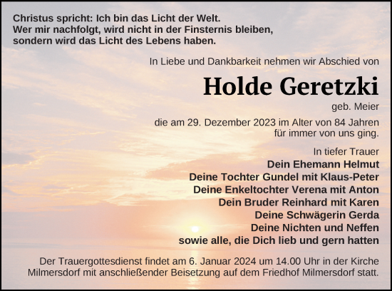 Traueranzeige von Holde Geretzki von Templiner Zeitung