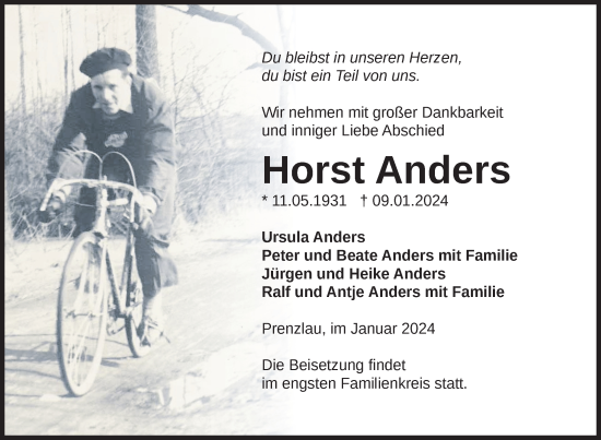 Traueranzeige von Horst Anders von Uckermark Kombination / Prenzlauer Zeitung