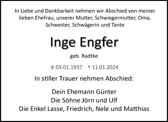 Traueranzeige von Inge Engfer von Nordkurier Neubrandenburger Zeitung