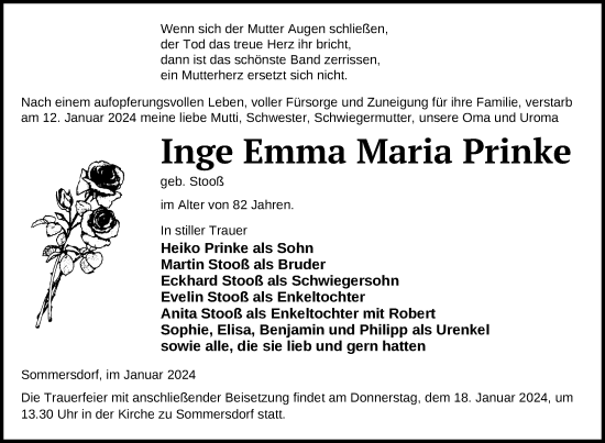 Traueranzeige von Inge Emma Maria Prinke von Pasewalker Zeitung