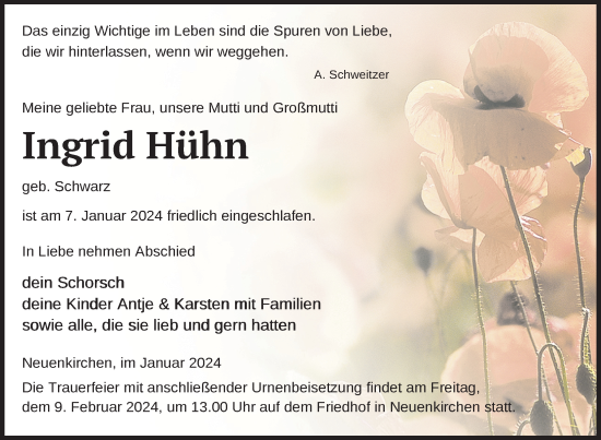 Traueranzeige von Ingrid Hühn von Neubrandenburger Zeitung