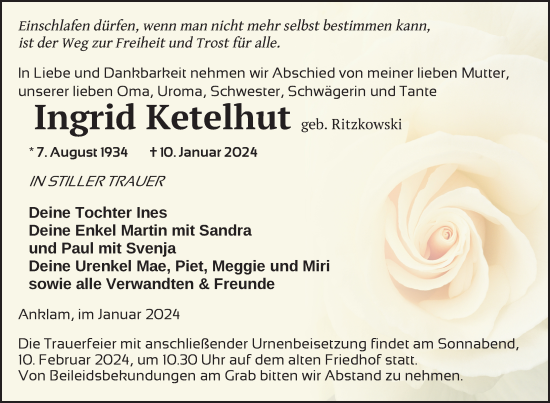 Traueranzeige von Ingrid Ketelhut von Vorpommern Kurier