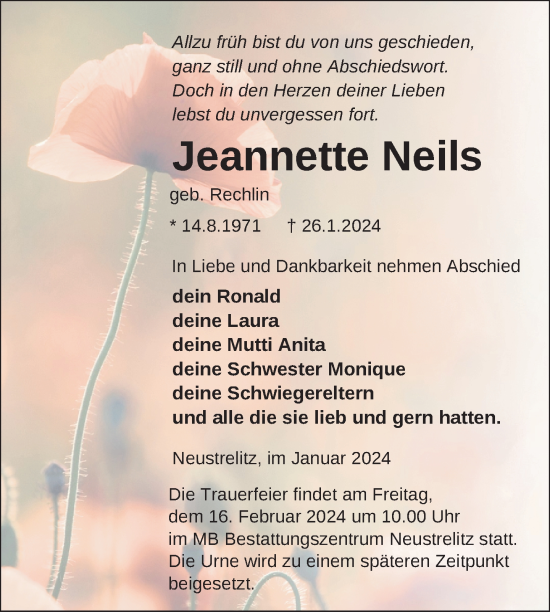 Traueranzeige von Jeannette Neils von Nordkurier Strelitzer Zeitung