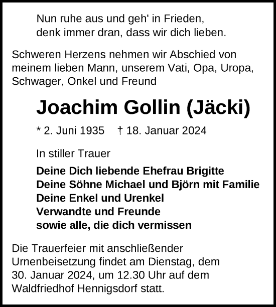 Traueranzeige von Joachim Gollin von Uckermark Kurier   Prenzlauer Zeitung