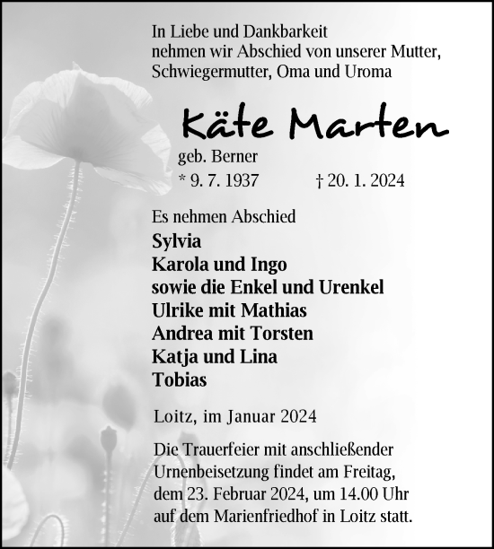 Traueranzeige von Käte Marten von Nordkurier Vorpommern Kurier