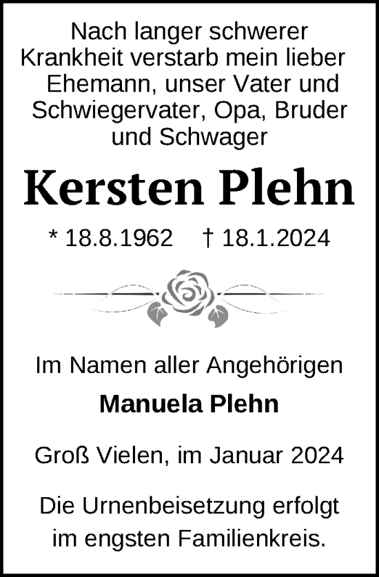Traueranzeige von Kersten Plehn von Nordkurier Müritz-Zeitung