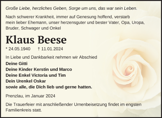 Traueranzeige von Klaus Beese von Uckermark Kombination / Prenzlauer Zeitung