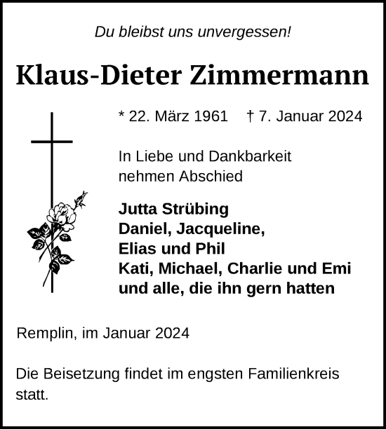 Traueranzeige von Klaus-Dieter Zimmermann von Mecklenburger Schweiz