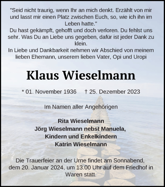 Traueranzeige von Klaus Wieselmann von Müritz-Zeitung