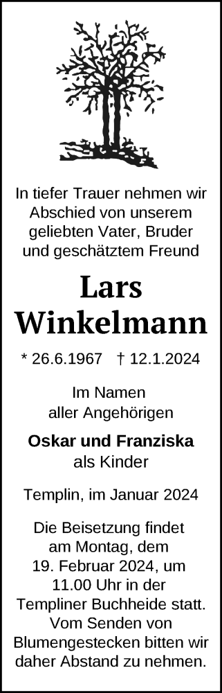 Traueranzeige von Lars Winkelmann von Uckermark Kombination / Templiner Zeitung