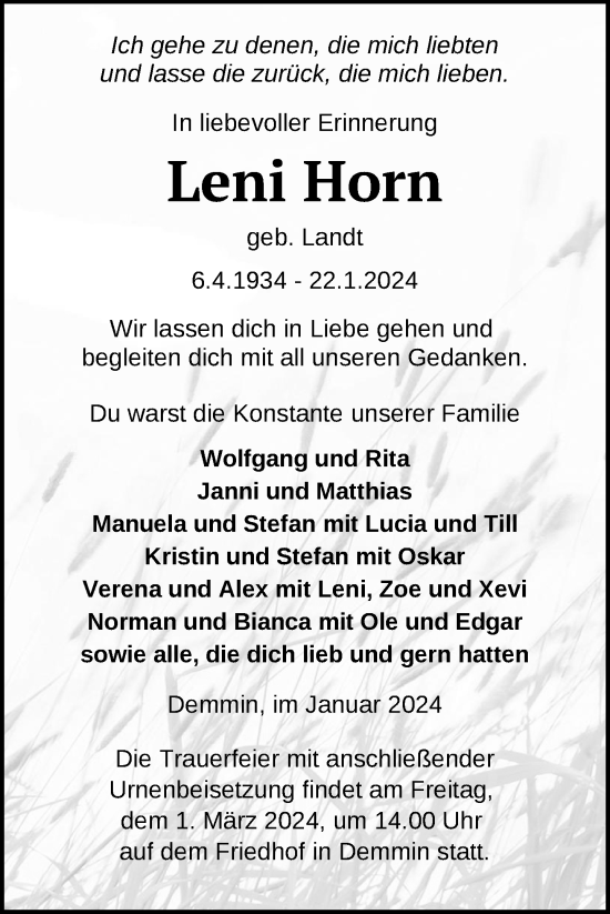 Traueranzeige von Leni Horn von Nordkurier Demminer Zeitung