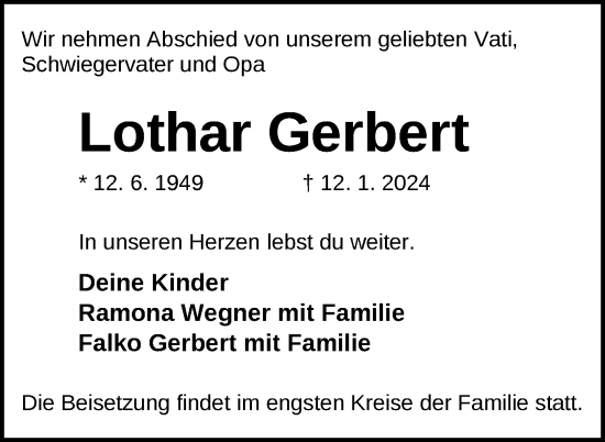 Traueranzeige von Lothar Gerbert von Mecklenburger Schweiz