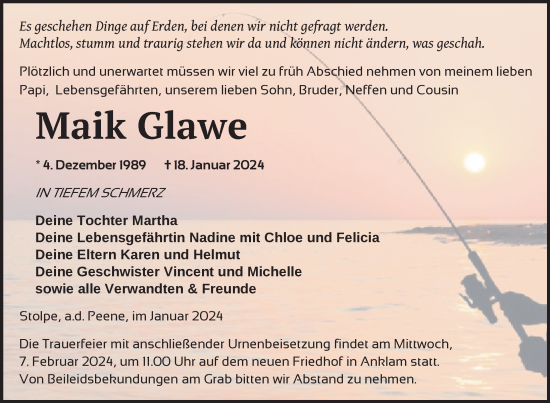Traueranzeige von Maik Glawe von Nordkurier Vorpommern Kurier