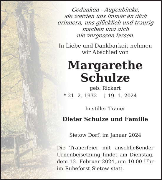 Traueranzeige von Margarethe Schulze von Nordkurier Müritz-Zeitung