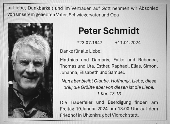 Traueranzeige von Peter Schmidt von Pasewalker Zeitung