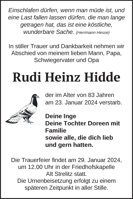 Traueranzeige von Rudi Heinz Hidde von Nordkurier Strelitzer Zeitung