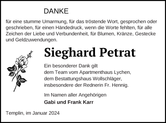 Traueranzeige von Sieghard Petrat von Neubrandenburger Zeitung