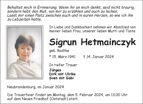 Traueranzeige von Sigrun Hetmainczyk von Neubrandenburger Zeitung / Strelitzer Zeitung