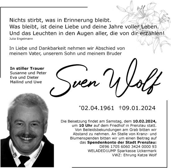 Traueranzeige von Sven Wolf von Uckermark Kombination / Prenzlauer Zeitung