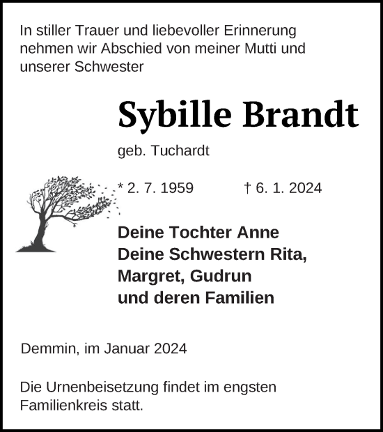 Traueranzeige von Sybille Brandt von Demminer Zeitung