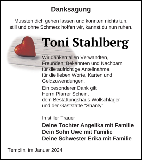 Traueranzeige von Toni Stahlberg von Templiner Zeitung