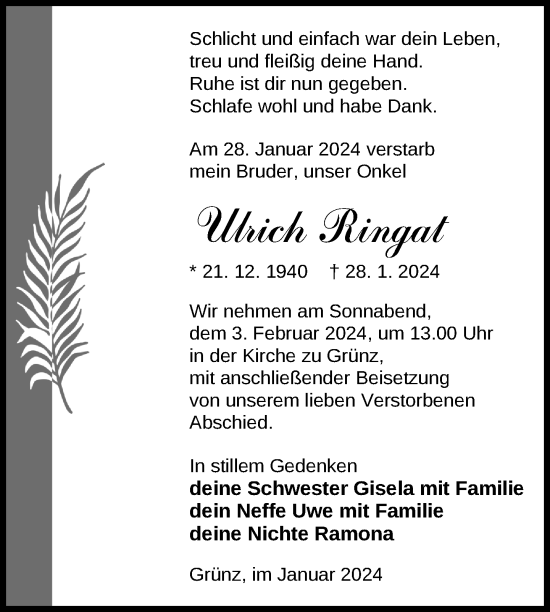 Traueranzeige von Ulrich Ringat von Nordkurier Pasewalker Zeitung