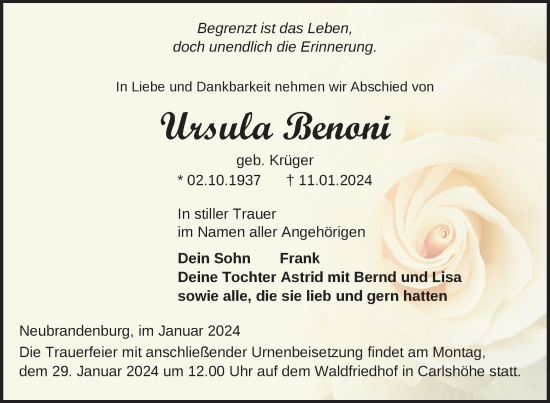 Traueranzeige von Ursula Benoni von Neubrandenburger Zeitung