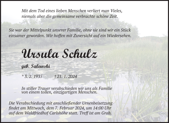 Traueranzeige von Ursula Schulz von Nordkurier Neubrandenburger Zeitung