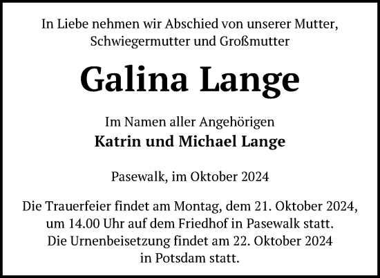 Traueranzeige von Galina Lange von Nordkurier Pasewalker Zeitung