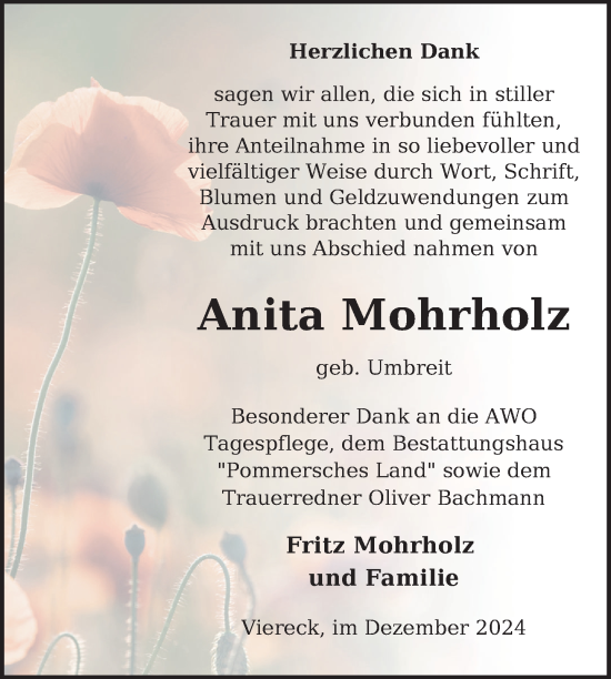 Traueranzeige von Anita Mohrholz von Nordkurier Pasewalker Zeitung