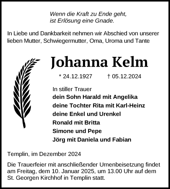 Traueranzeige von Johanna Kelm von Uckermark Kurier Templiner Zeitung