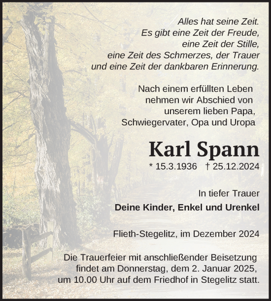 Traueranzeige von Karl Spann von Uckermark Kurier Templiner Zeitung