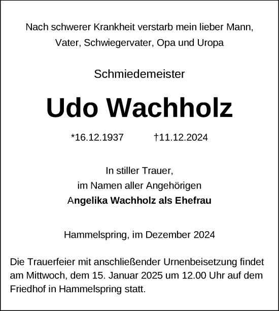 Traueranzeige von Udo Wachholz von Uckermark Kurier Templiner Zeitung