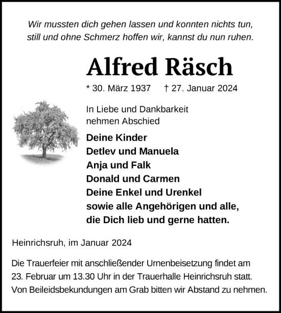 Traueranzeige von Alfred Räsch von Nordkurier Haff-Zeitung