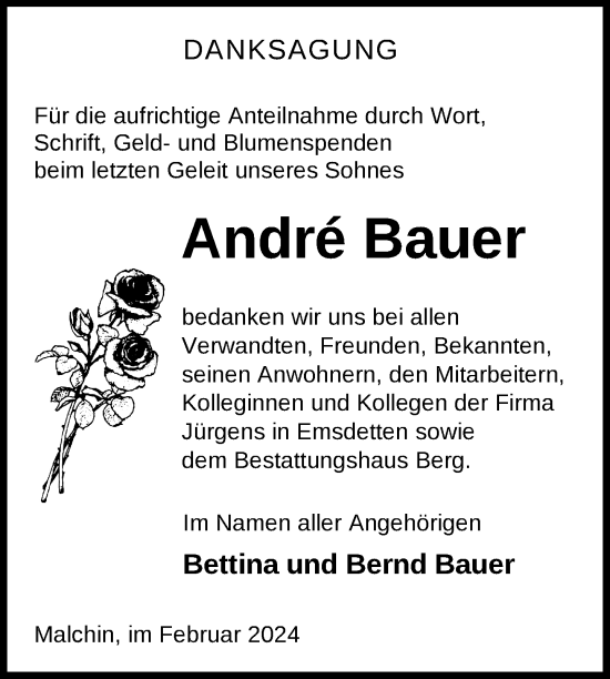 Traueranzeige von Andre Bauer von Nordkurier Mecklenburger Schweiz