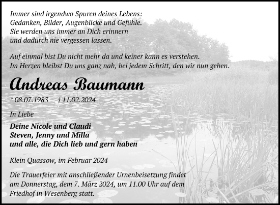 Traueranzeige von Andreas Baumann von Nordkurier Strelitzer Zeitung