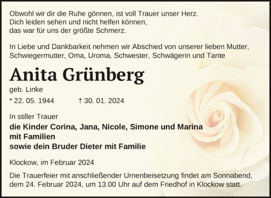 Traueranzeige von Anita Grünberg von Uckermark Kurier Prenzlauer Zeitung