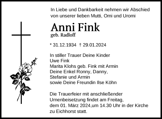 Traueranzeige von Anni Fink von Nordkurier Neubrandenburger Zeitung