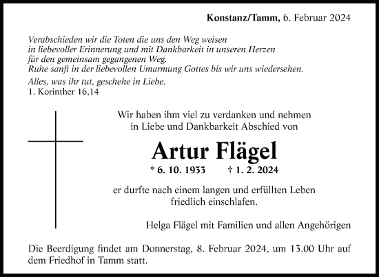 Traueranzeige von Artur Flägel von Nordkurier Mecklenburger Schweiz