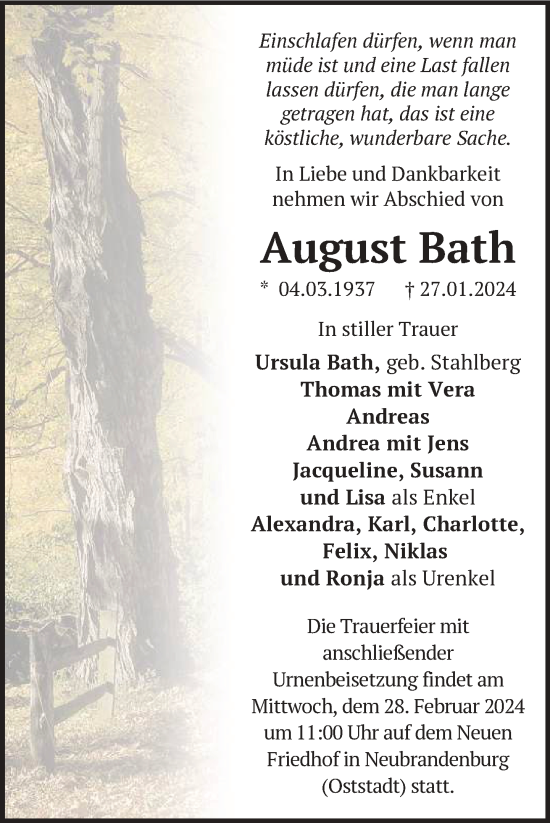 Traueranzeige von August Bath von Nordkurier Neubrandenburger Zeitung